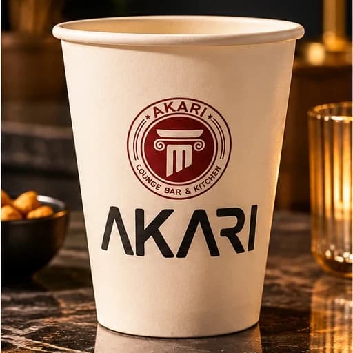 A cream Akari paper glass printed with a maroon column badge and the AKARI wordmark