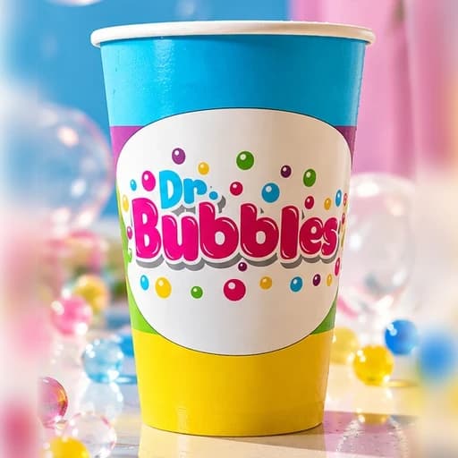 A Dr. Bubbles paper glass printed in blue, pink, green and yellow bands round a white label panel