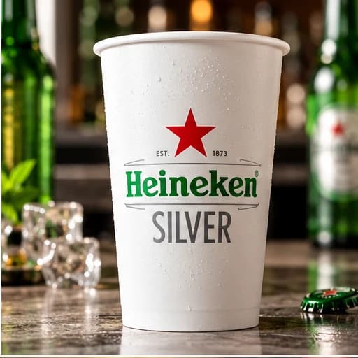 A white Heineken Silver paper glass printed with the red star and the wordmark