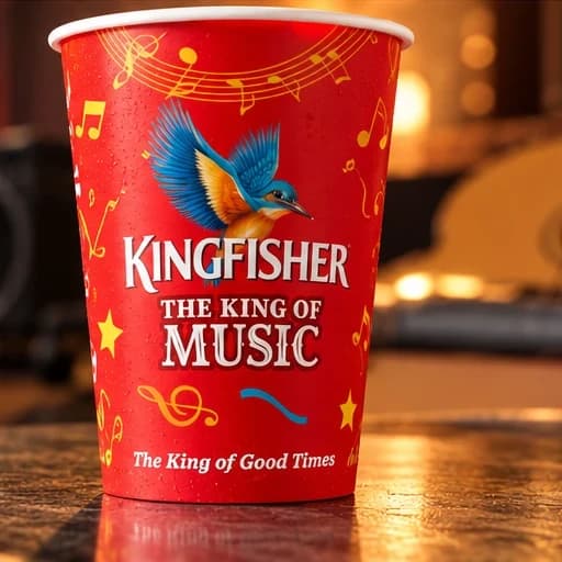 A red Kingfisher paper glass printed with a flying kingfisher, music notes and stars